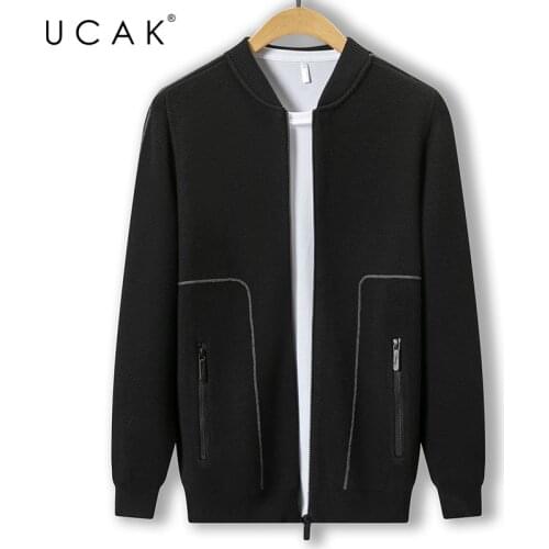 UCAK Brand Casual Zipper Wool Cardigans Men Sweatercoat Clothing Autumn Streetwear Solid Color Striped Cardigan Pull Homme U1234
