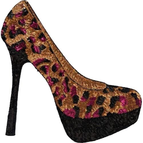 New Arrival Large Leopard High-Heeled Shoes Sequin Patches for Clothing Iron on Shoes Embroidery Applique DIY Decoration