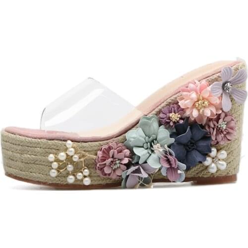 New Arrivals String Bead Wedge Sandals Woman Cut-out Flower Decor Platform Summer Sandals 2018 PVC Outside Slippers Free Ship