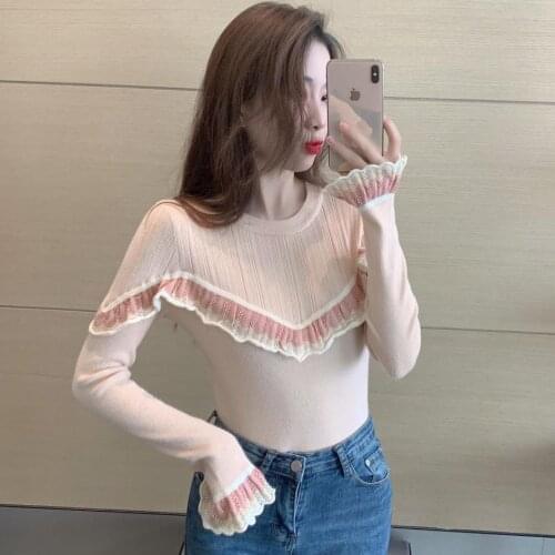 Autumn Patchwork Knitted Sweater Women Pullovers Long Flare Sleeve Fashion Knitwear Tops Winter Sweet Vintage Sweaters Female