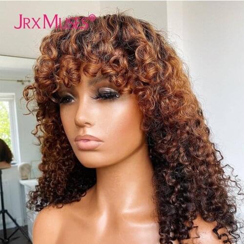 Highlights Blonde Jerry Curly Human Hair Wigs With Bangs Ombre Brown Glueless Brazilian Remy Full Machine Made Wig For Women