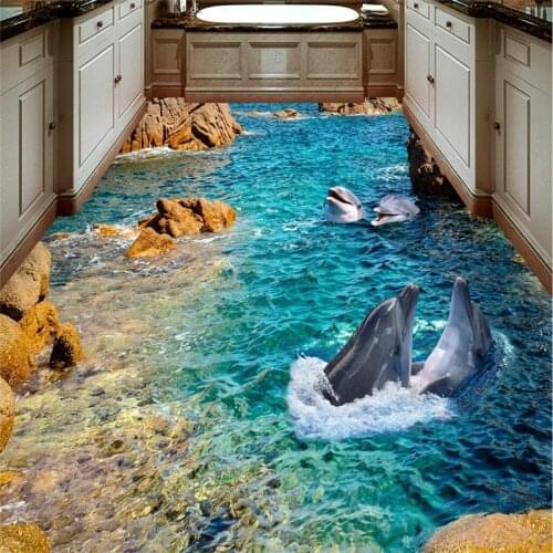 Custom Photo Floor Modern sticker HD stone dolphin coast non-slip waterproof thickened self-adhesive PVC 3D flooring