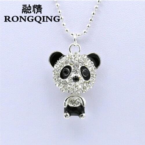 RONGQING 1pcs Trendy High Quality Crystal Panda Pendant Long Necklace For Women Panda Sweater Chain Necklace Colors