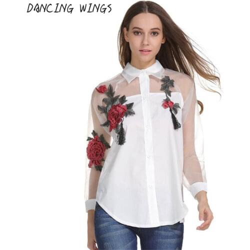 Rose Flower Embroidery Casual White Shirt Organza Long Sleeve Sexy Perspective Women Tops Chiffon