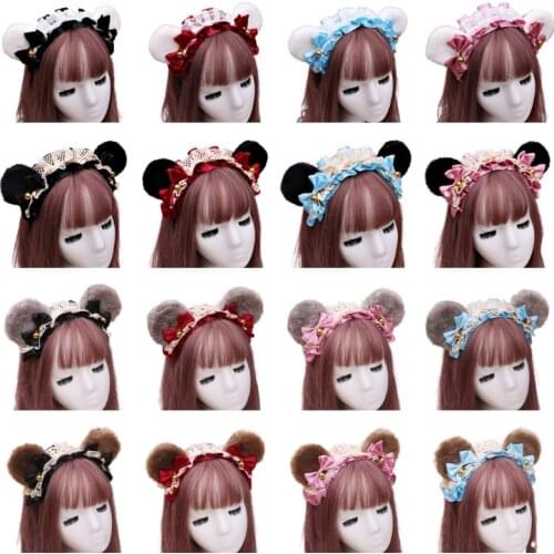 Japanese Lolita Satin Lace Bow Headband Cute Plush Bear Ears Golden Bell Hair Hoop Kawaii Maid Cosplay Costume Headpiece