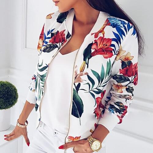Fashion Flower Leaves Printing Women Jacket Long Sleeve Lady Baseball Sports Outwear Overcoat Jacket Zipper Coat chaqueta mujer