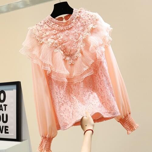 Beaded Pleated Lace Shirt for Women 2021 Spring Clothing Korean Style Loose Slim Fit Chiffon Stitching Lantern Sleeve Blouse Top