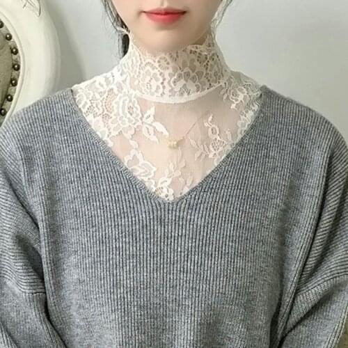 Ladies Decorative Black White Fake Collar Sheer Hollow Out Floral Lace High Neck Ruffles Detachable Pullover Half-Shirt Tops