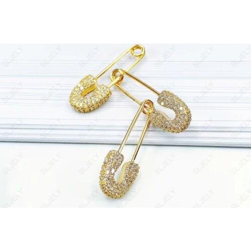 SLJELY Fashion Pure 925 Sterling Silver Yellow Gold Color Three In One Safety Pin Single Earring Micro Cubic Zirconia for Women