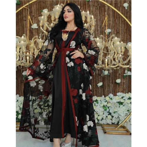 Two Piece Set Women Embroidery Open Abaya Sleeveless Evening Prom Dress Muslim Dubai Turkish Lace-up Hijab Robe Islamic Clothing