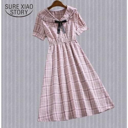 2019 New Fashion Striped Short Sleeve A-line Women Dress Summer Vintage Bow Knee-Length Flare Sleeve Chiffon Dress Lady 4851 50