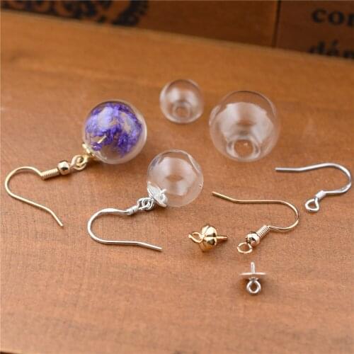1pair 10mm12mm hollow glass ball with earring wire cap set 925silver copper plated gold material orb glass vials glass earrings