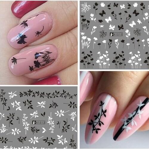 12 pieces water nail decals decal black flowers leaf transfer Nail Art decorations slider manicure watermark leaf tips