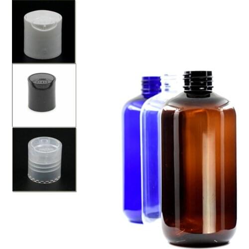 250ml 8oz empty boston round plastic Dispensing Cap bottle , clear/blue pet bottle with transparent/white/black disc top lid