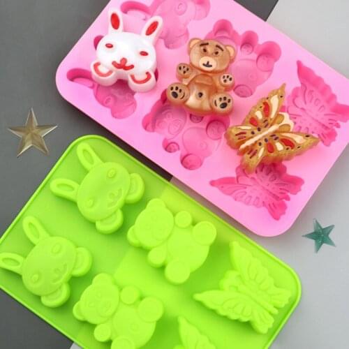 6 cavity cute butterfly bear rabbit shape silicone cake mold DIY baking tools cold soap mold