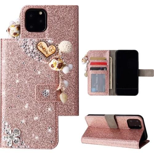 Glitter Love Heart Rhinestones Case For iPhone 11 Pro Max SE 2020 10 X 6 6s 7 8 Plus XR XS Max 5 Flip Leather Wallet Phone Case
