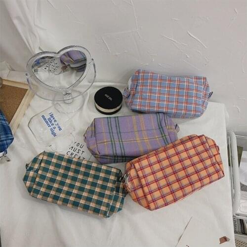 Grandma Style Pencil Bag Pen Case INS Color Check Lattice Grid Fold Storage Pouch for Stationery Make Up Travel School F6136