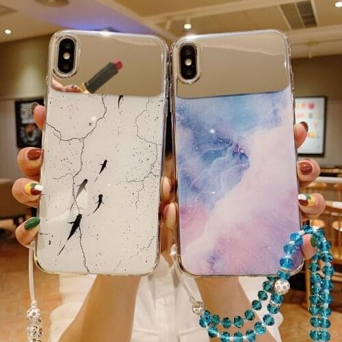 Phone Case For iPhone 12 Mini Pro 11 Pro X XR XS Max 7 8 Plus SE 2020 Glitter Makeup Marble Mirror TPU Back Cover With Lanyard