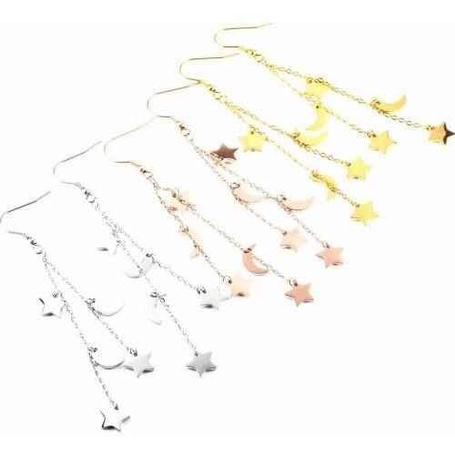 Stainless Steel Gold Star Long Chain Tassels Drop Earrings Women Jewelry Rose Gold Satrs Earrings Gift For Him