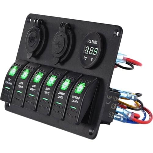Dual USB Charging 6 Toggle Rocker Control Switch Panel 12 V~24V Circuit Breaker Volt Overload Protection Car Boat Switch Panel
