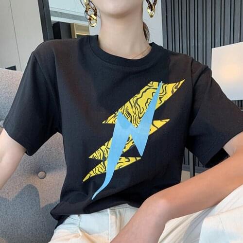 Cotton Women Summer T-shirt 2020 New Lightning Pattern Print Lady Simple O-neck Tee Short Sleeve Wild Stylish t shirts