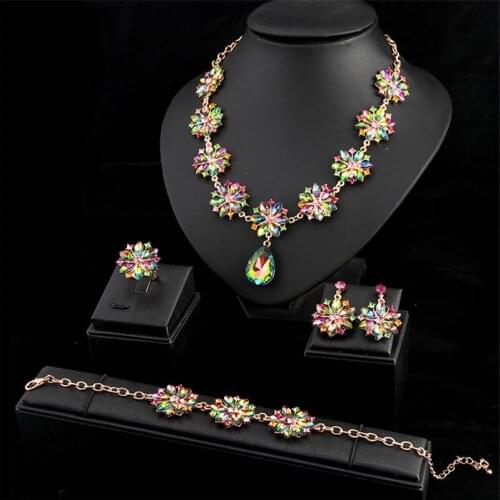 Crystal Flower Pendant Necklace Earrings Ring Bracelet Jewelry Set Fashion Bridal Wedding Party Choker African Dubai Collar Bibs