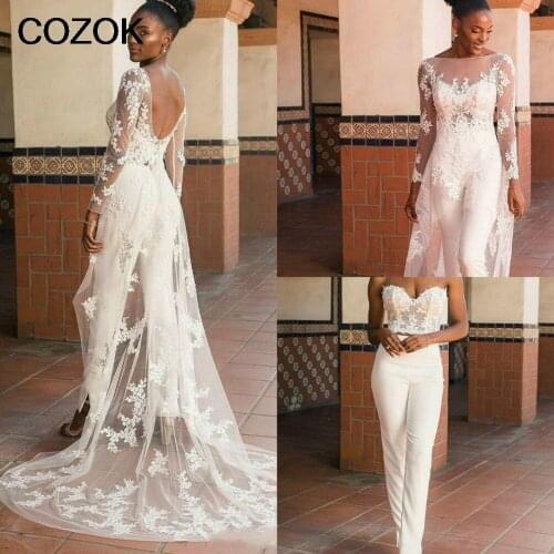 Lace Applique Wedding Jumpsuit with Wrap Train 2020 African Nigerian Plus Size Bride Garden Holiday Wedding Dress Robe De Mariee