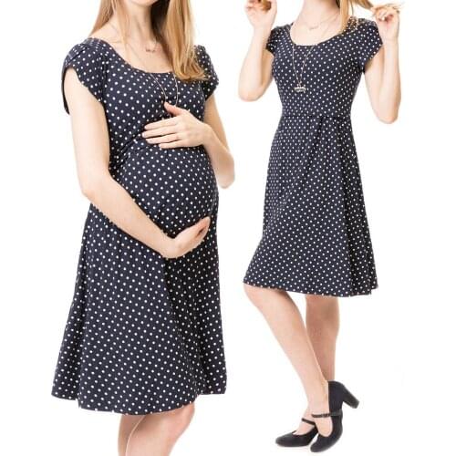 Summer new style polka dot pattern round neck long-sleeved maternity dress breastfeeding big swing dress nursing clothes Q0407