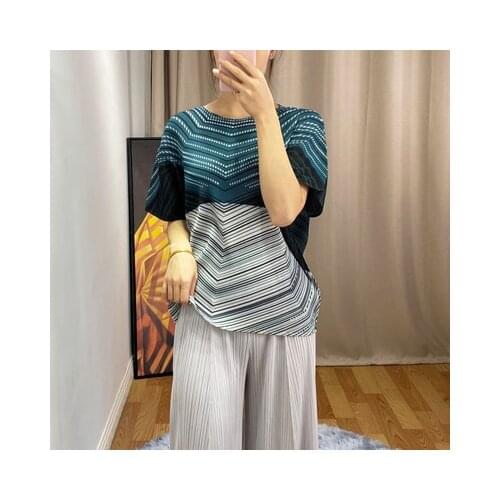 HOT SELLING Miyake FASHION fold stripe print batwing sleeve o-neck T-shirt IN STOCK