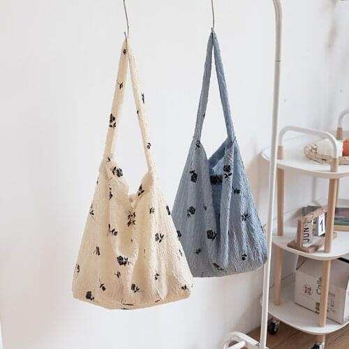 Hylhexyr Ins Fashion Girls Cotton Canvas Tote Bag Womens Shoulder Bags Pleated Student Large Capacity Flower Printed Handbag