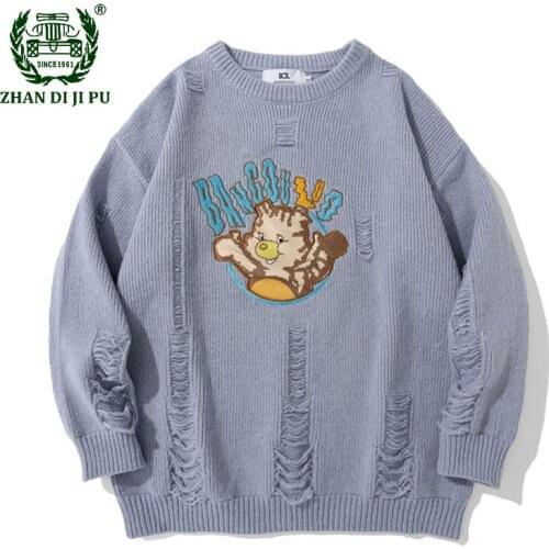 Hip Hop Mens Knitted Sweaters Harajuku Cartoon Patch Embroidery Loose O-Neck Pullover Sweater Male Trendy Bottoming Shirt
