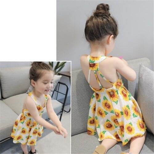 Spring and summer new girls princess dress Korean print sunflower strap baby girl dress childrens clothing