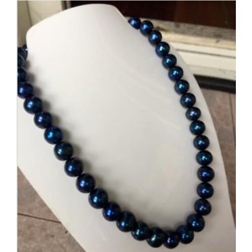 Stunning round Tahitian 10-11 mm dark blue pearl necklace 18inch 36" Yellow clasp