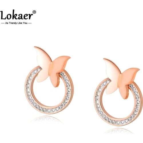 Lokaer Luxury Rose Gold Crystal Stud Earrings Butterfly Design Stainless Steel Earring For Women Girl Ear Jewelry Gift E17077