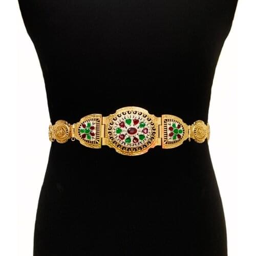 Heart Shape Rhinestone Wedding Belts with Gold Plated Arabic Caftan Wedding Jewelry Mulism Metal Waist Chain Adjustale Length