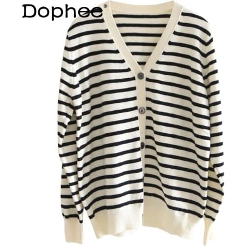 New Knitwear V-neck Long Sleeve Striped Knitted Sweater Fashion Loose Cardigan for Women Spring All-match Slim-Fit Thick Coat
