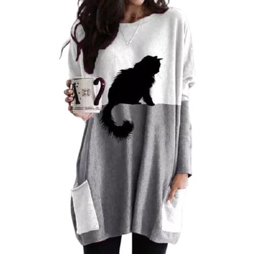 Loose Casual Black Cat Print Long Sleeve Tshirt Women Color Matching Pockets T-shirts Plus Size S-3XL Women Spring Clothings