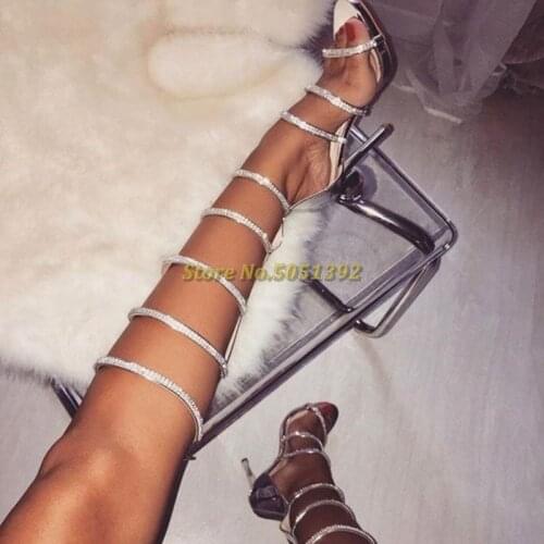Nude Silver Rhinestone Stiletto Heels Sexy Gladiator Strappy Sandals Back Zipper Wrap Up Open Toe Thin Heel Shoes Sandal Boots