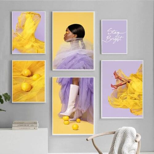 Yellow Lemon Papaya Purple Skirt High Heel Girl Wall Art Canvas Painting Nordic Posters And Prints Wall Pictures For Living Room
