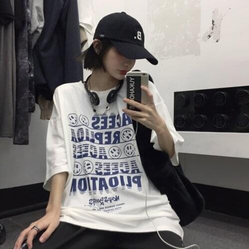 Female Korean Harajuku Vintage Letter Print Loose Tshirt Womens T-shirts Tops Japanese Kawaii Ladies Ulzzang Clothes For Women