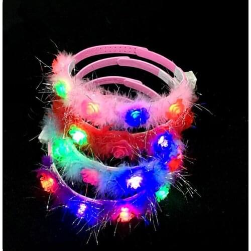 12pcs Women Feather Crown Flower Headband LED Lighted Hair Wreath Hairband Garland Feather Glowing Wedding Birthday Party Gift