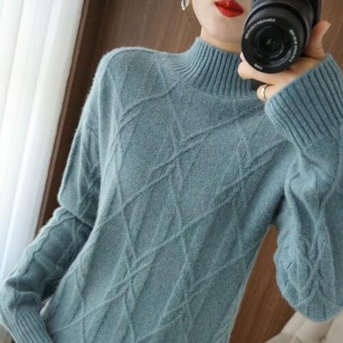 100% wool cashmere sweater women loose casual knitted half high neck pullover 2021 new high quality autumn and winter sweater