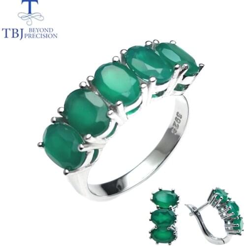 TBJ,natural green agate jewelry set ring and earring in 925 sterling silver fine jewelry for women daily wear as Valentine gift