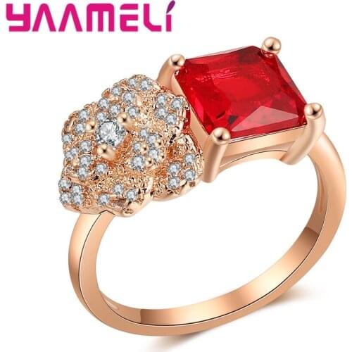 Sumptuous Rose Gold Color Jewelry Women Finger Rings Big Red Square Cubic Zirconia Crystal For Female Party Accessorie