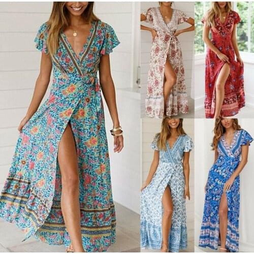 2021 Summer Women Floral Maxi Dress Short Sleeve V neck Ruffle Split Dress Ladies Casual Beach Bohemian Long Dresses Sundress