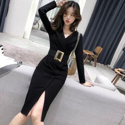 2019 Black Casual Fall Clothes for Women Long Sleeve Split Blazer Dress Women with Sashes Sheath Solid Bodycon Wrap Ladies Dress
