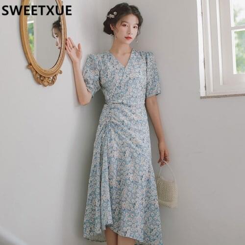 SWEETXUE V-neck Floral Retro Short-Sleeved Dress Summer Nnew Fashion Chiffon Print Beach Holiday Elegant Drawstring Long Dress