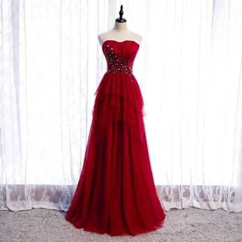 Bespoke Occasion Dresses Strapless Sleeveless Tulle Luxury Burgundy Sequined Beading Embroidery Women Formal Evening Gown HB276