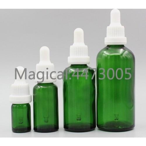 2/10pcs 5ml 10ml 15ml 20ml 30ml 50ml 100ml Empty Green Glass Perfume Essential Oil Dropper Bottle with Plastic Cover and Pipette
