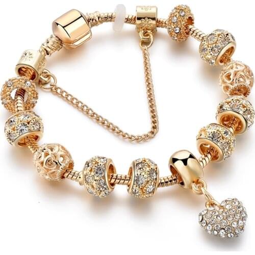 20CM Gold Heart Charm Crystal Bracelets Bangles For Women Stainless Steel Bracelet Handmade Jewelry Bracelet SBR190044